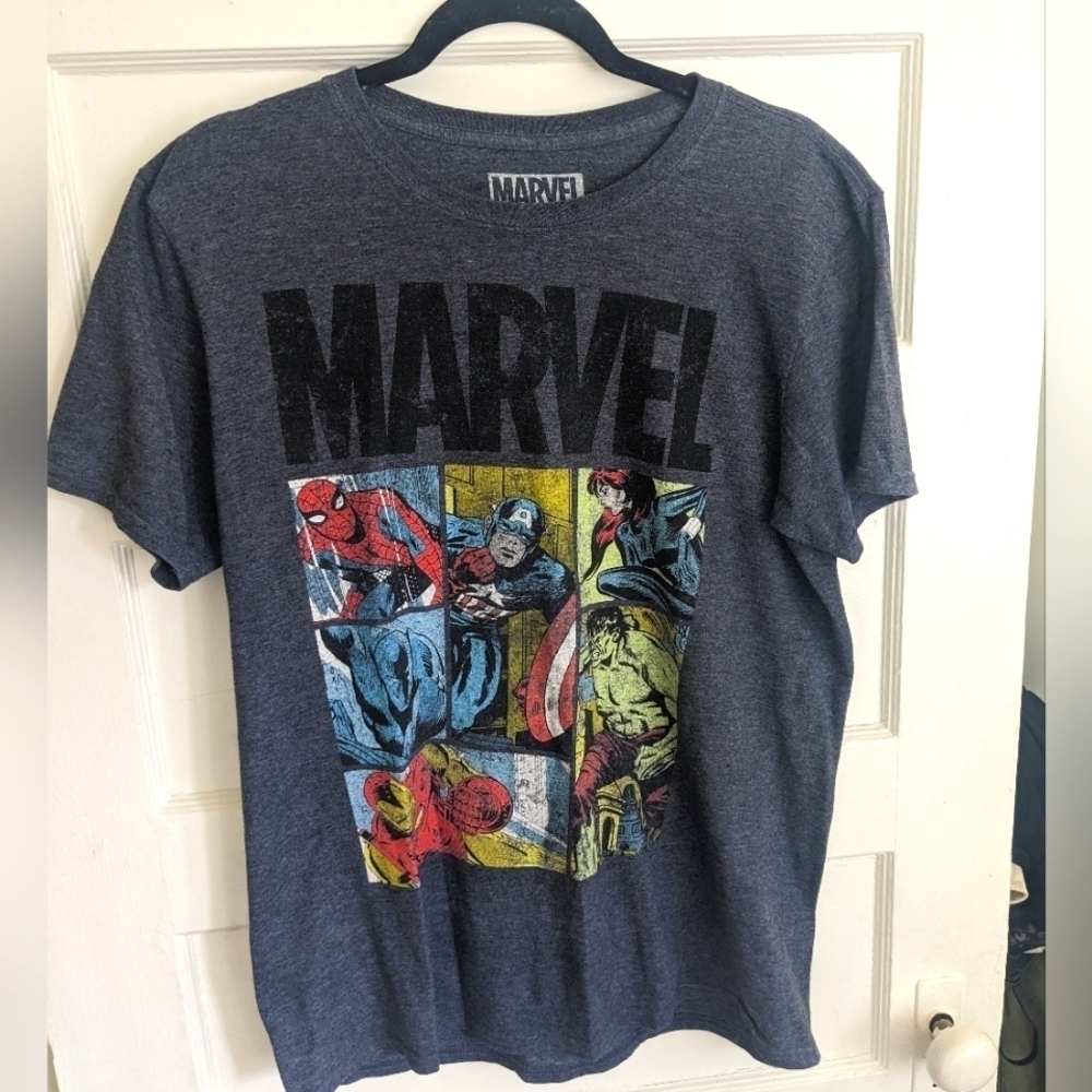 MARVEL BLUE GRAPHIC T-SHIRT SPIDER MAN HULK SIZE ADULT LARGE